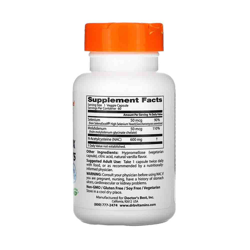 Încărcați imaginea în vizualizatorul Galerie, NAC N-Acetyl L-Cysteine 600 mg, Selenium, Molybdenum, Doctor&#39;s Best, 60 capsule
