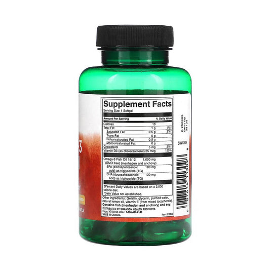 Omega-3 Fish Oil with Vitamin D, 1000 mg, Swanson, 60 softgels SW1309