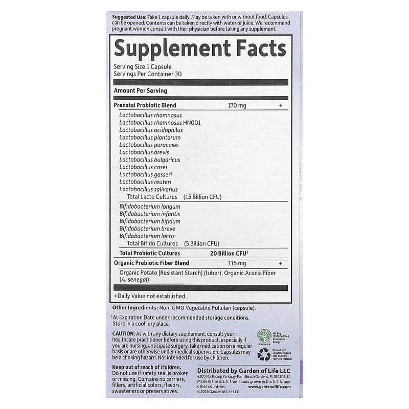 Once Daily Prenatal Probiotic, Garden of Life, 30 capsule