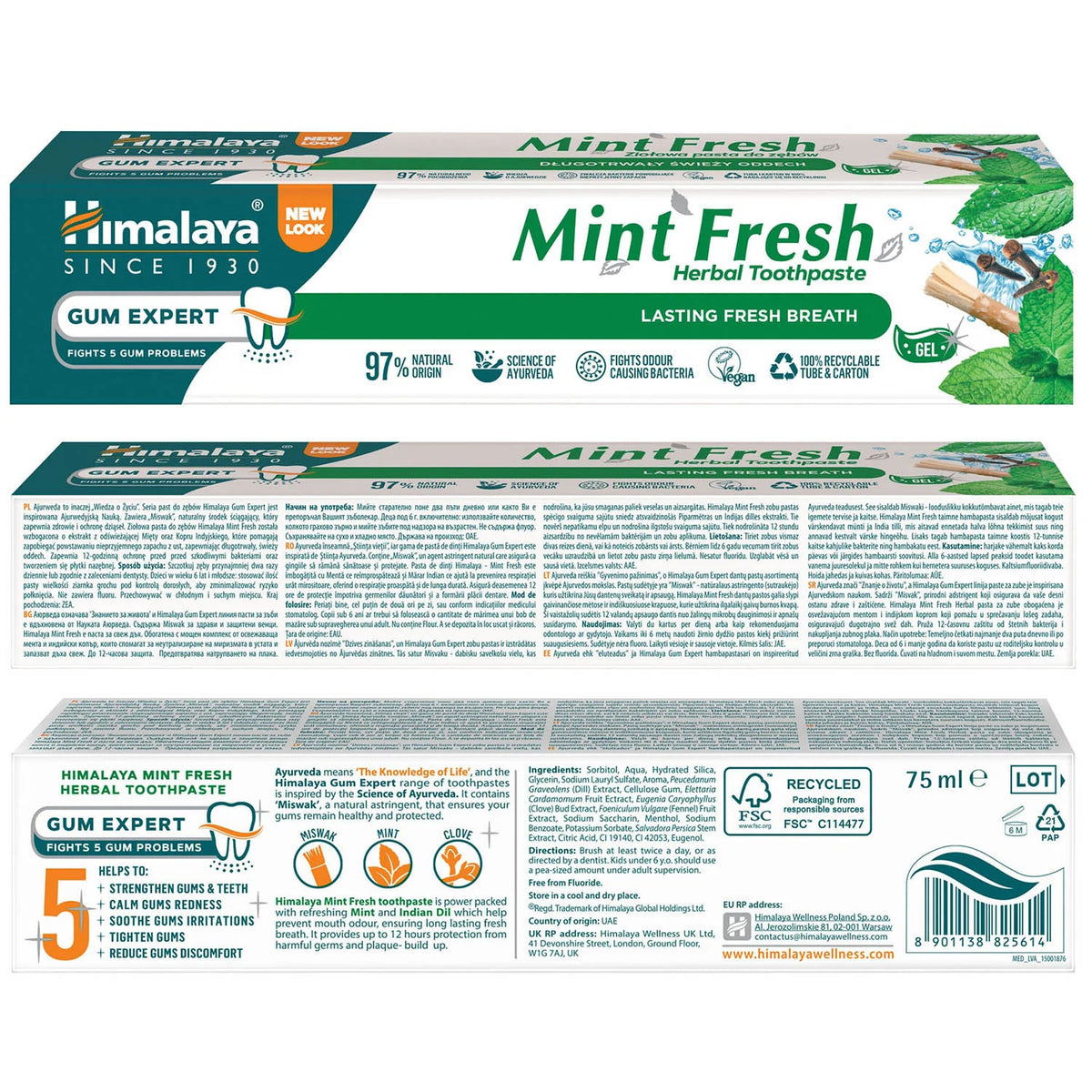 Pasta de Dinti Mint Fresh Gum Expert, Himalaya Herbal, 75 ml