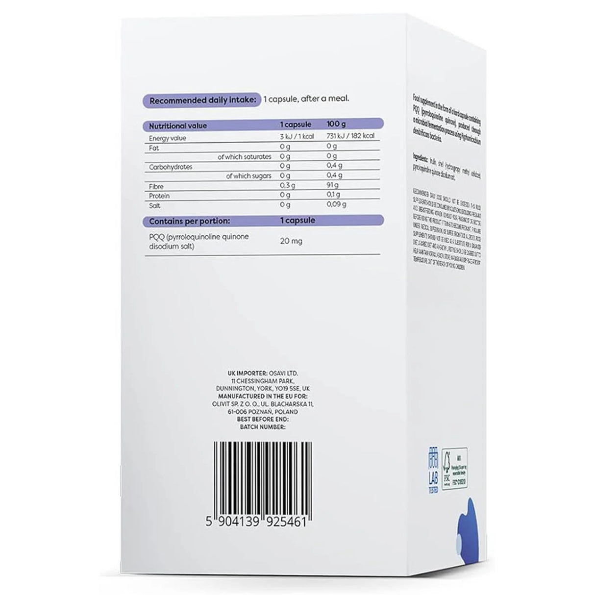 PQQ Pyrroloquinoline Quinone, 20 mg, Osavi, 60 capsule