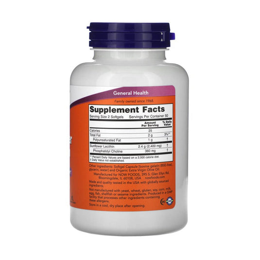 Sunflower Lecithin 1200mg (Lecitina din Floarea Soarelui), Now Foods, 100 softgels
