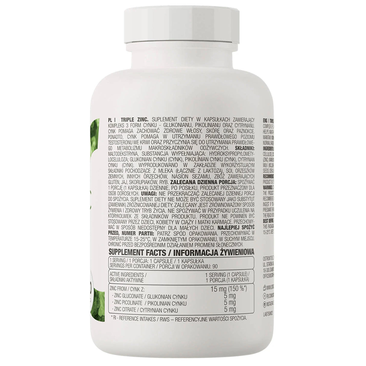 Triple Zinc (Gluconat, Picolinat și Citrat), 15 mg, OstroVit, 90 capsule