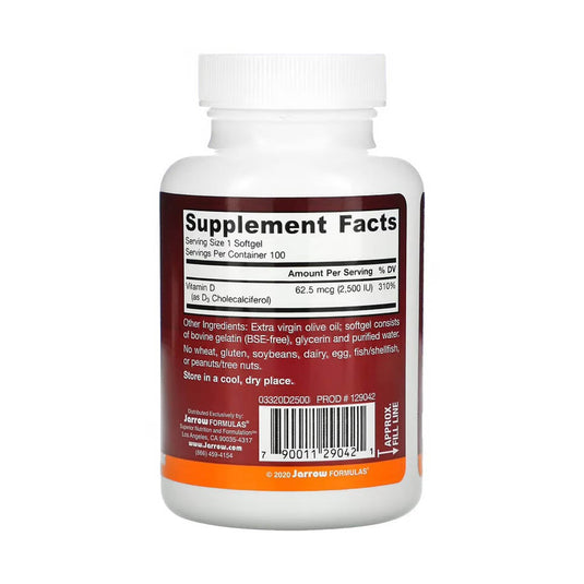 Vitamin D3, Cholecalciferol, 2500 IU, Jarrow Formulas, 100 softgels