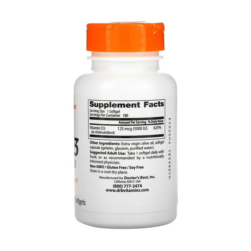 Încărcați imaginea în vizualizatorul Galerie, Vitamina D3, 5000 IU, Doctor&#39;s Best, 180 softgels
