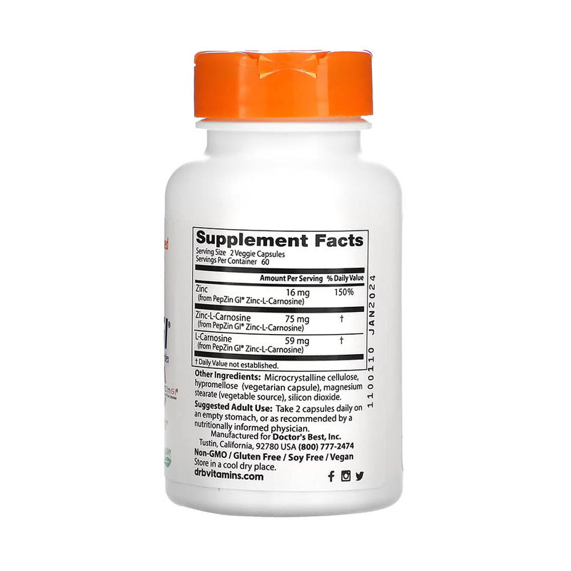 Încărcați imaginea în vizualizatorul Galerie, Zinc-L-Carnosine Complex, PepZin GI, Doctor&#39;s Best, 120 capsule
